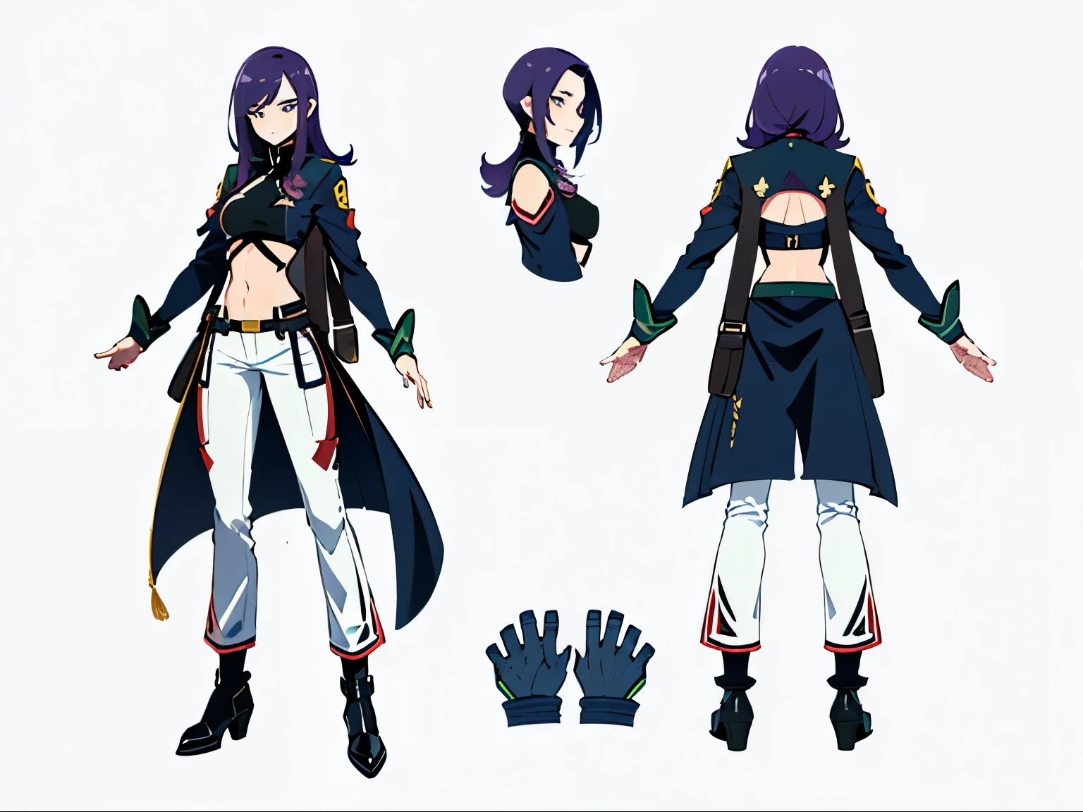 ((three sided view)), ((full bodyesbian)), (Simple background), ((multiple views)), ((High resolution)), ((concept art of character)), ((Character Design Sheet)), (Same role), (frontage), (Lateral face), (on back), (simple background), (white backgrounid:1.3), My Hero Academia style, anime Girl, female, trending on artstation pixiv, (full body shot:1.5), wide hips, wide thighs, medium breast, Long hair, pixie bangs, dark purple hair, blue eyes, hero outfit, full body outfit, black outfit with white pants and exposed belly button, outfit with exposed midriff, Joyful gaze, smug, looking at viewer, perfect hands, Perfect anatomy, Super Detailed,