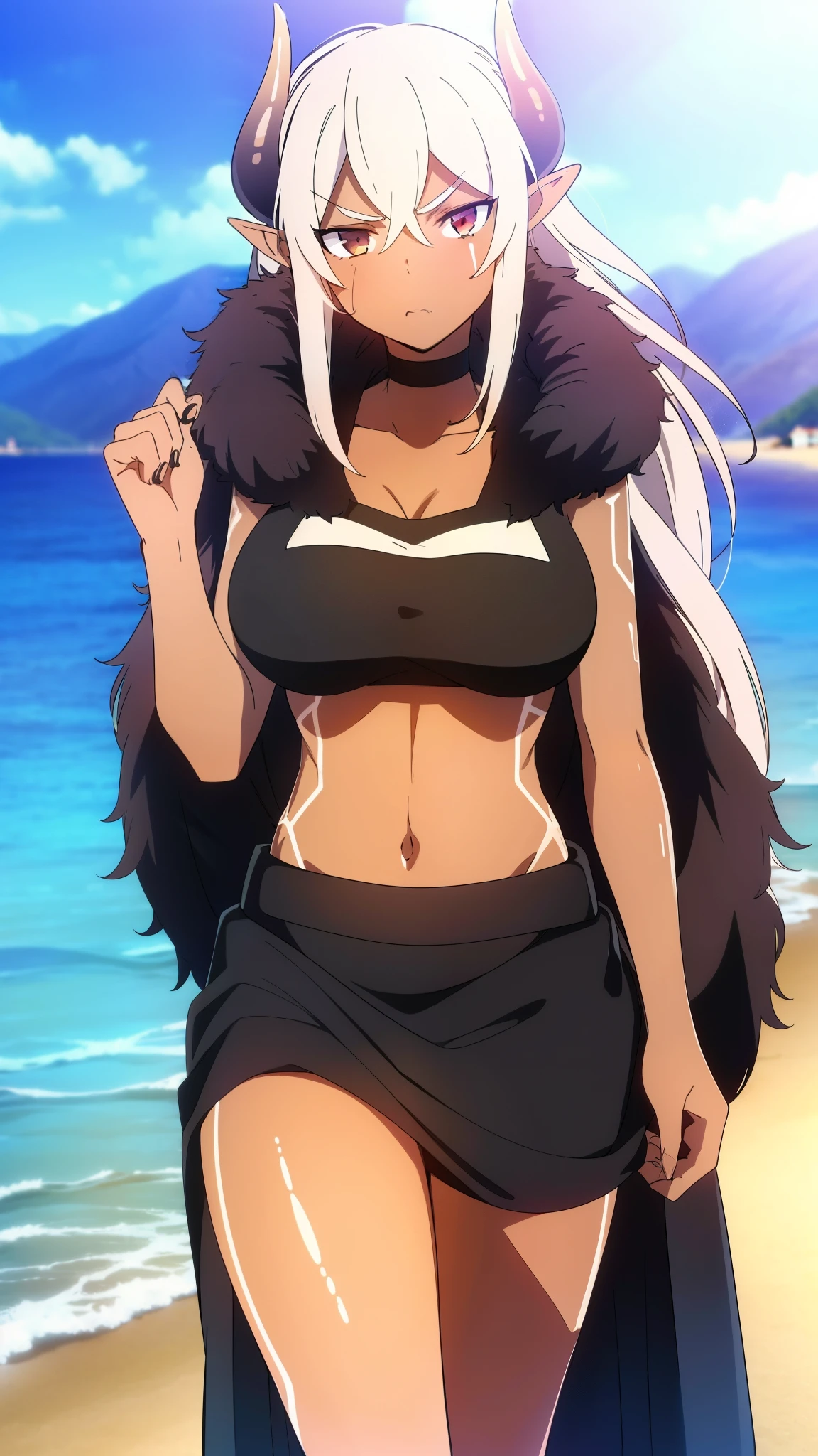 ((1girl,solo,mature female,tall)),big breasts,long hair, black hair,serious,horns,elf ears,black scarf,(dark skin),((midriff,black sports bra,neck fur)),(walking in a village,beach),
