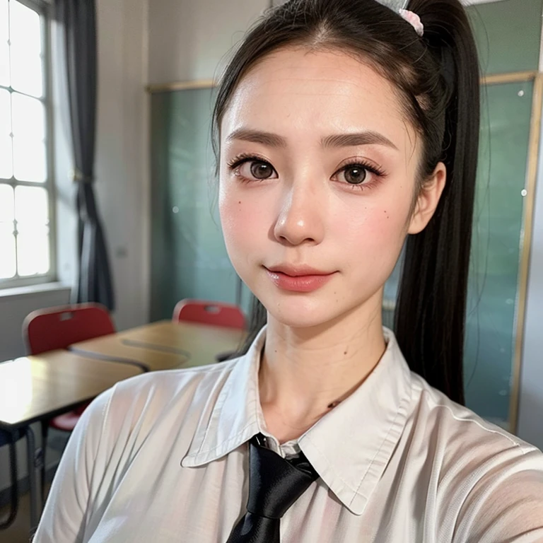 (kawaii 24 year-old Japanese girl, Nogizaka idol, Korean idol), (glossy black hair, high ponytail, center ponytail, single ponytail:1.3), (rounded face, single eyelid, no makeup, soft smiling:1.2), forehead, (wearing collared shirt, necktie:1.3), (well shaped extra small breasts), (looking at viewer:1.2), BREAK, (classroom background, standing by the window:1.3), (dynamic angle, face focus:1.3), BREAK, (masterpiece, best quality, photo realistic, official art:1.4), (UHD, 8K quality wallpaper, high resolution, raw photo, film grain:1.2), (shiny skin), professional lighting, physically based rendering, award winning, (perfect anatomy, highly detailed skin textures, extremely detailed face and eyes, well drawn glittering pupils), Carl Zeiss 85 mm F/1.4, depth of field, 1girl, solo,