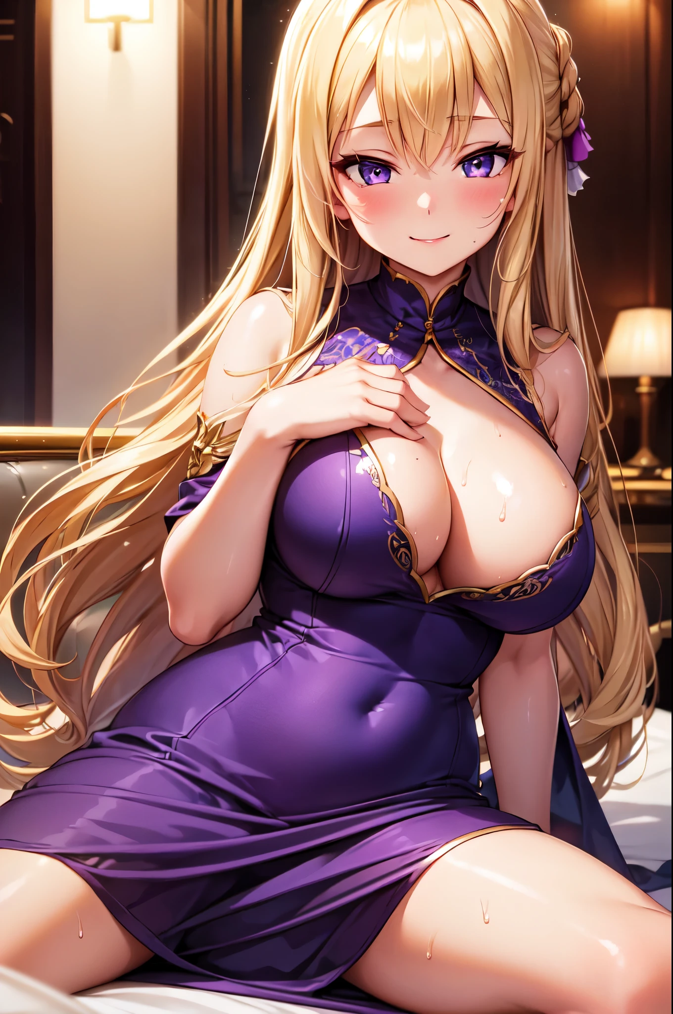 (High quality, High resolution, Fine details), Night, Luxury hotel bar, Long silk purple dress, hostess, solo, curvy women, blond hair, Bewitching hairstyle, sparkling eyes, (Detailed eyes:1.2), smile, blush, Sweat, Oily skin, Soft tones, shallow depth of field