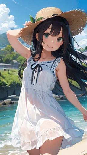 highest quality、realistic、Japanese、girl、whole body、look at the camera、cute、Green eyes、long hair、black hair、all back、Forehead is coming out、sleeveless dress、seaside、straw hat、blown by the wind、joy、smilingly