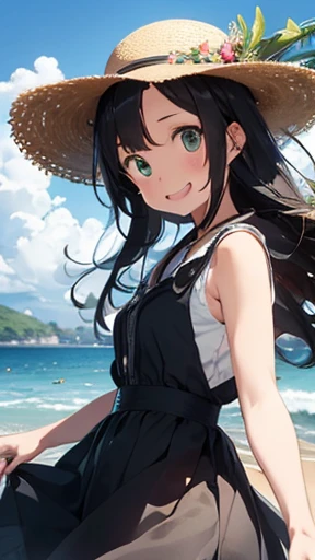 highest quality、realistic、Japanese、girl、whole body、look at the camera、cute、Green eyes、long hair、black hair、all back、Forehead is coming out、sleeveless dress、seaside、straw hat、blown by the wind、joy、smilingly