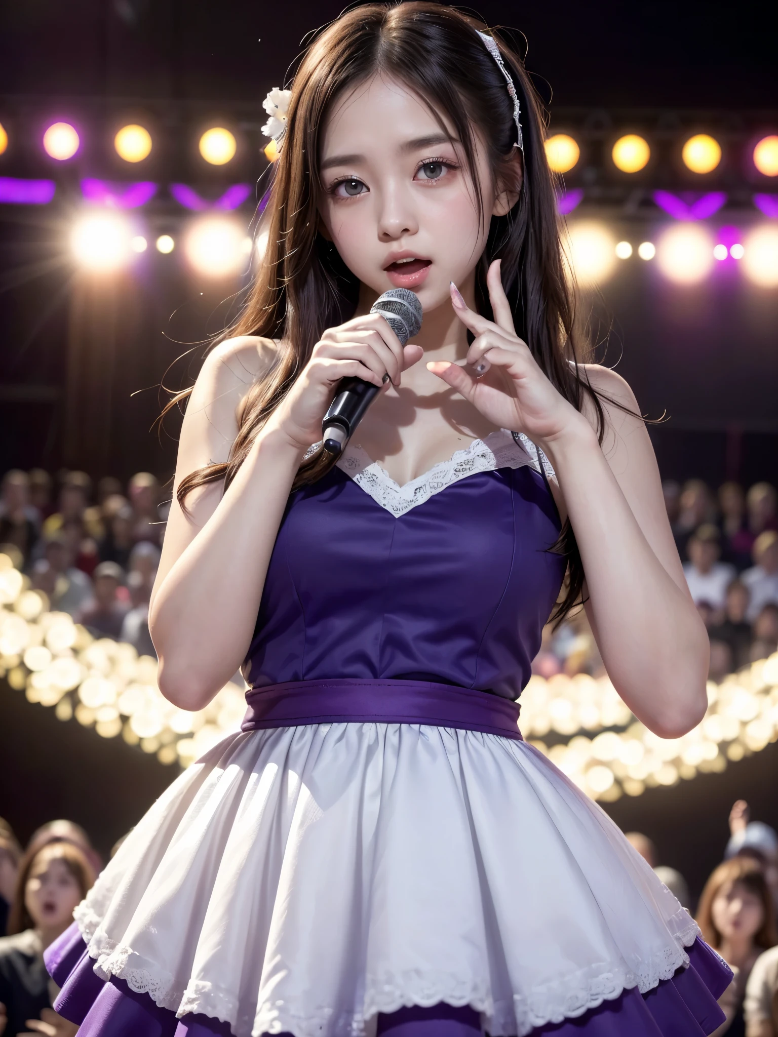 (High level image quality、high quality、High resolution、detailed、8k、masterpiece), shikamimi,, White base with purple-red fluttering costume、28 years old、rorish, perform on stage, concert photos, cute core、(((watching the audience)))、Very beautiful and beautiful female idol, (Japanese、round face、big eyes、drooping eyes)、singing at live stage , singing scene, ((Brightly colored dresses)), Warm light、(anatomically correct)、(perfect body proportions)、(natural hands、natural fingers)