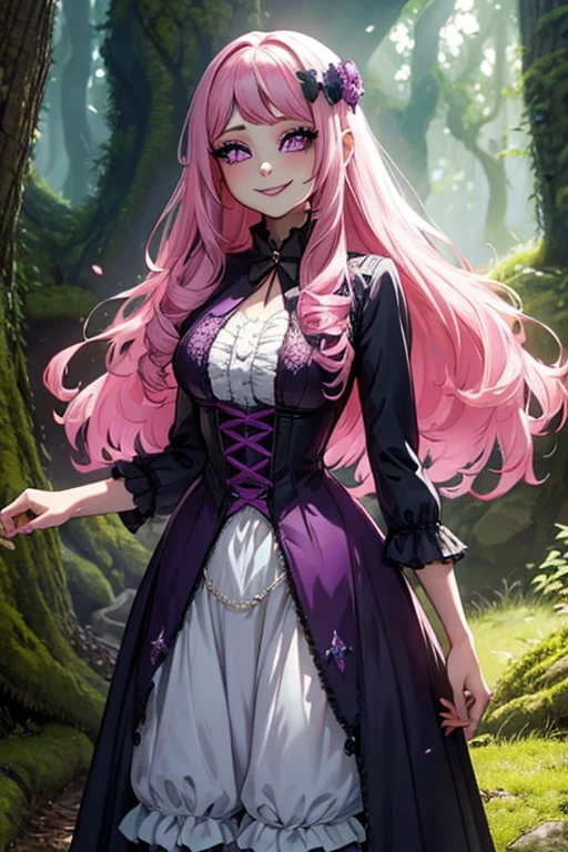 A pink haired female fariry with violet eyes with an hourglass figure wearing a conservative Gothic ****ta dress in an enchanted forest is posing with a smile
