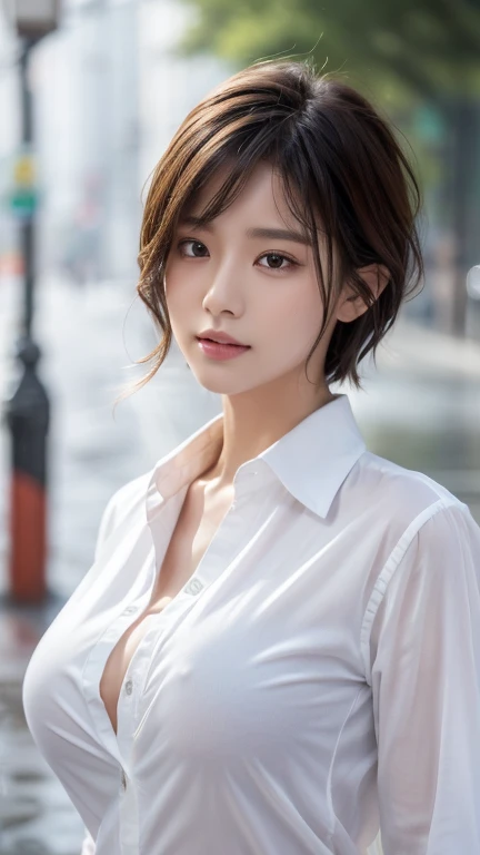 ((Best Quality, 8K, Masterpiece: 1.3)), Sharp: 1.2, Perfect Body Beauty: 1.4, Slim Abs: 1.2, ((Layered Hairstyle, Big Breasts: 1.2)), (Wet White Button Long Shirt: 1.1), opened shirt buttom, (Rain, Street: 1.2), Wet: 1.5, 1 boy, male focus, Highly detailed face and skin texture, detailed eyes, double eyelids, side face looking at the camera