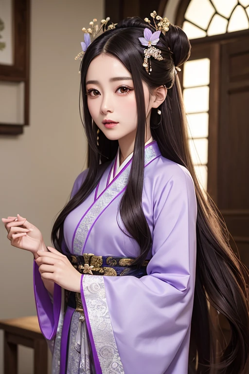 A woman in a beautiful light purple tang dynasty hanfu dress, her face beautiful like the heavens, her hair filled with butterfly accessories, her hair is long shiny and dark brown, her eyes beautiful like the jade