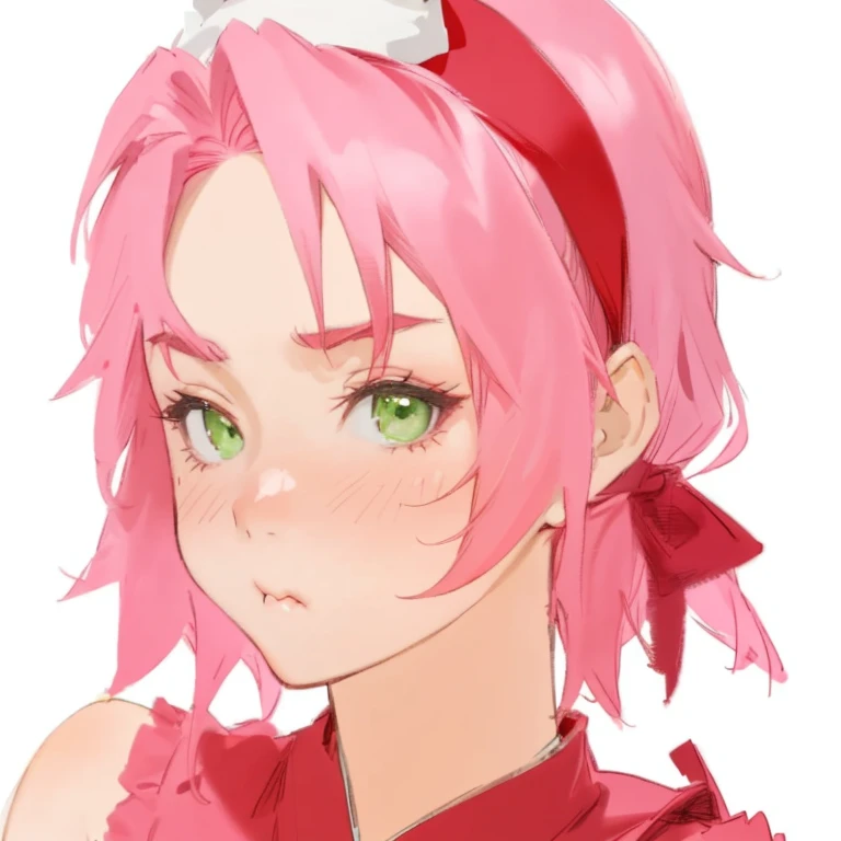 sakura, pretty detailed face, green eyes, wearing red head band, pink hair, soft look, pouting, red ninja dress