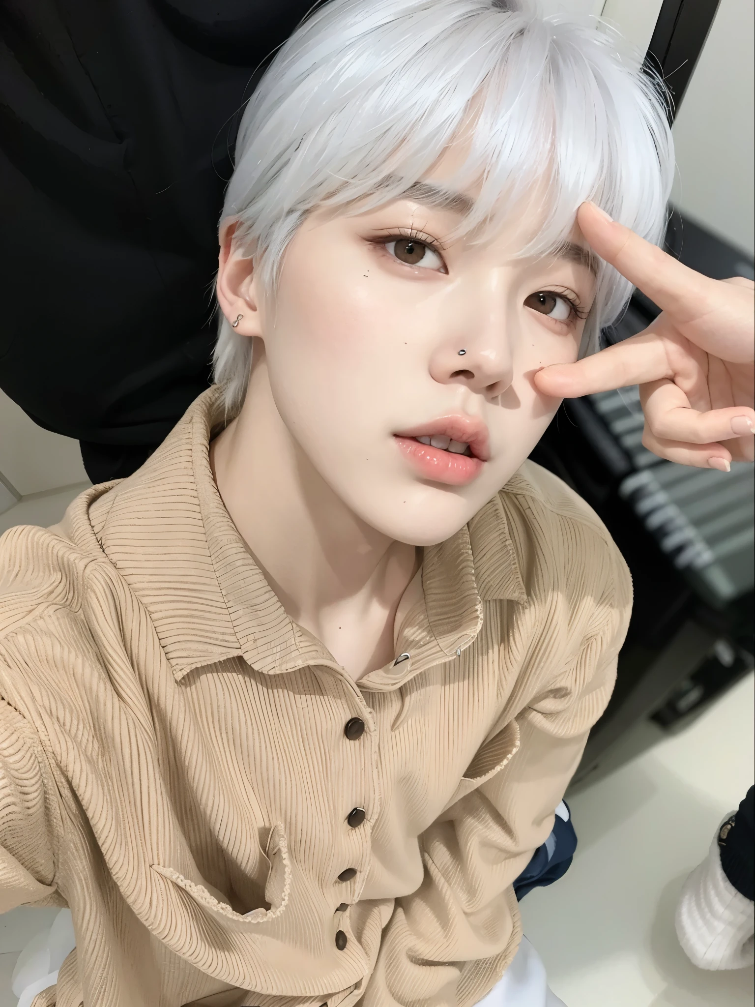 um close up de uma pessoa com um cabelo branco e uma camisa marrom, Kim Doyoung, Jung Jaehyun, park Jimin, Jimin, Jimin\the full lips, hyung tae, cai xukun, adorable and pale korean face, taejune kim, Jinyoung Shin, Jimin\the right eyelid is swollen, Jimin\o nariz grego, pintar ulzzang