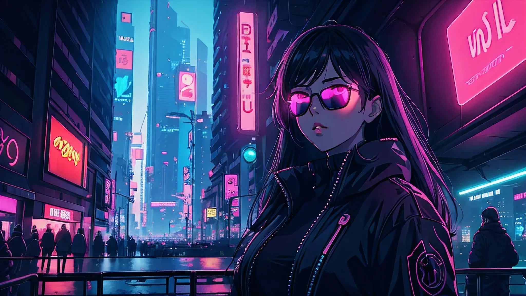 Anime girl with detailed eyes and lips, sunglasses, cyberpunk, The cityscape of the future, neon lights, bright colors, Digital Art Style, HD resolution, very detailed, realistic lighting, lively atmosphere