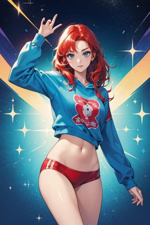She is a young woman in her twenties. She is slim, fair-skinned, red-haired, and wears a bright blue sweatshirt. SPARKLE; GLITTER