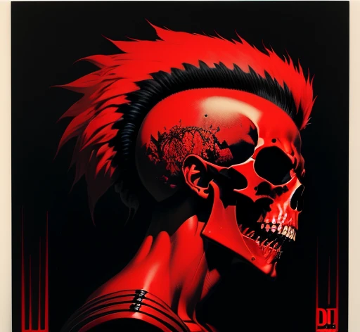 masterpiece, illustration, clean bold lines, ultra detailed, best quality, uhd, 4k, 8k, duotone, portrait, 1man, scull, mohawk, open mouth, fangs, skeleton, neck, shoulders, side view, predator, "EXPLOITED" is written on top, "LET'S START A WAR..." is on bottom, (((red and black color palette))), simple black background, exploited let's start a war album, an album cover by Greg Staples, reddit, nuclear art, punk album cover, official artwork,