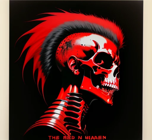 masterpiece, illustration, clean bold lines, ultra detailed, best quality, uhd, 4k, 8k, duotone, portrait, 1man, scull, mohawk, open mouth, fangs, skeleton, neck, shoulders, side view, predator, "EXPLOITED" is written on top, "LET'S START A WAR..." is on bottom, (((red and black color palette))), simple black background, exploited let's start a war album, an album cover by Greg Staples, reddit, nuclear art, punk album cover, official artwork,