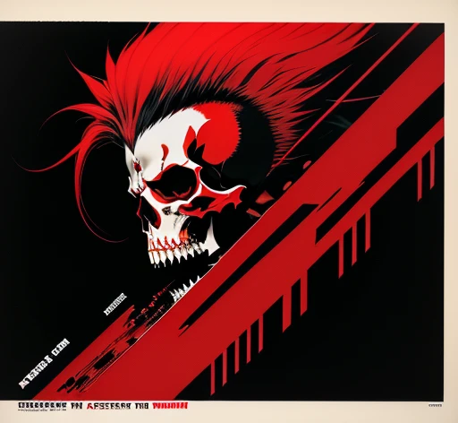 masterpiece, illustration, clean bold lines, ultra detailed, best quality, uhd, 4k, 8k, duotone, portrait, 1man, scull, mohawk, open mouth, fangs, skeleton, neck, shoulders, side view, predator, "EXPLOITED" is written on top, "LET'S START A WAR..." is on bottom, (((red and black color palette))), simple black background, exploited let's start a war album, an album cover by Greg Staples, reddit, nuclear art, punk album cover, official artwork,