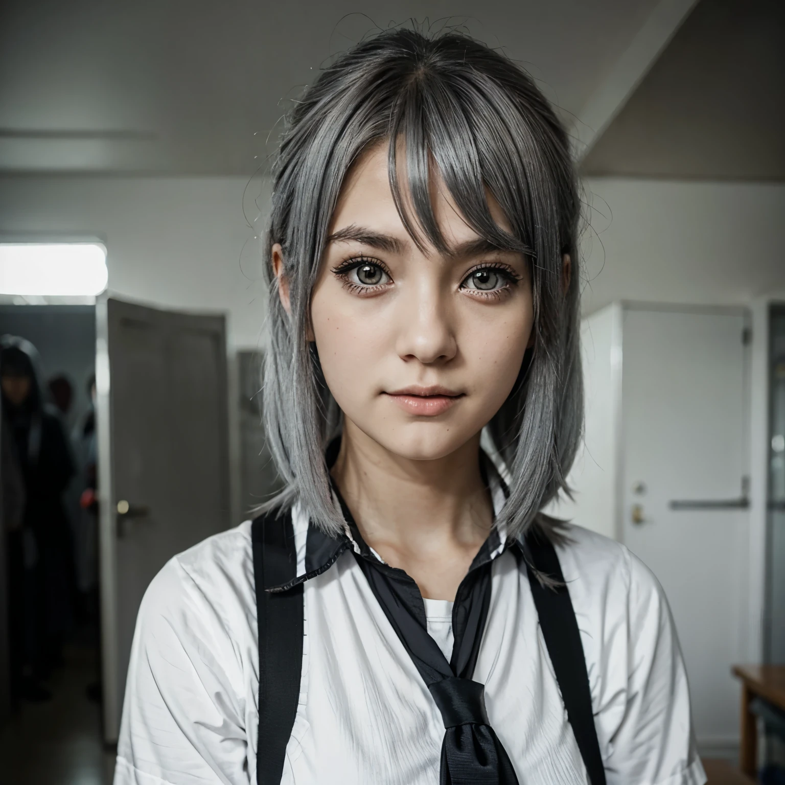 Anime high girl with grey hair and grey eyes 
