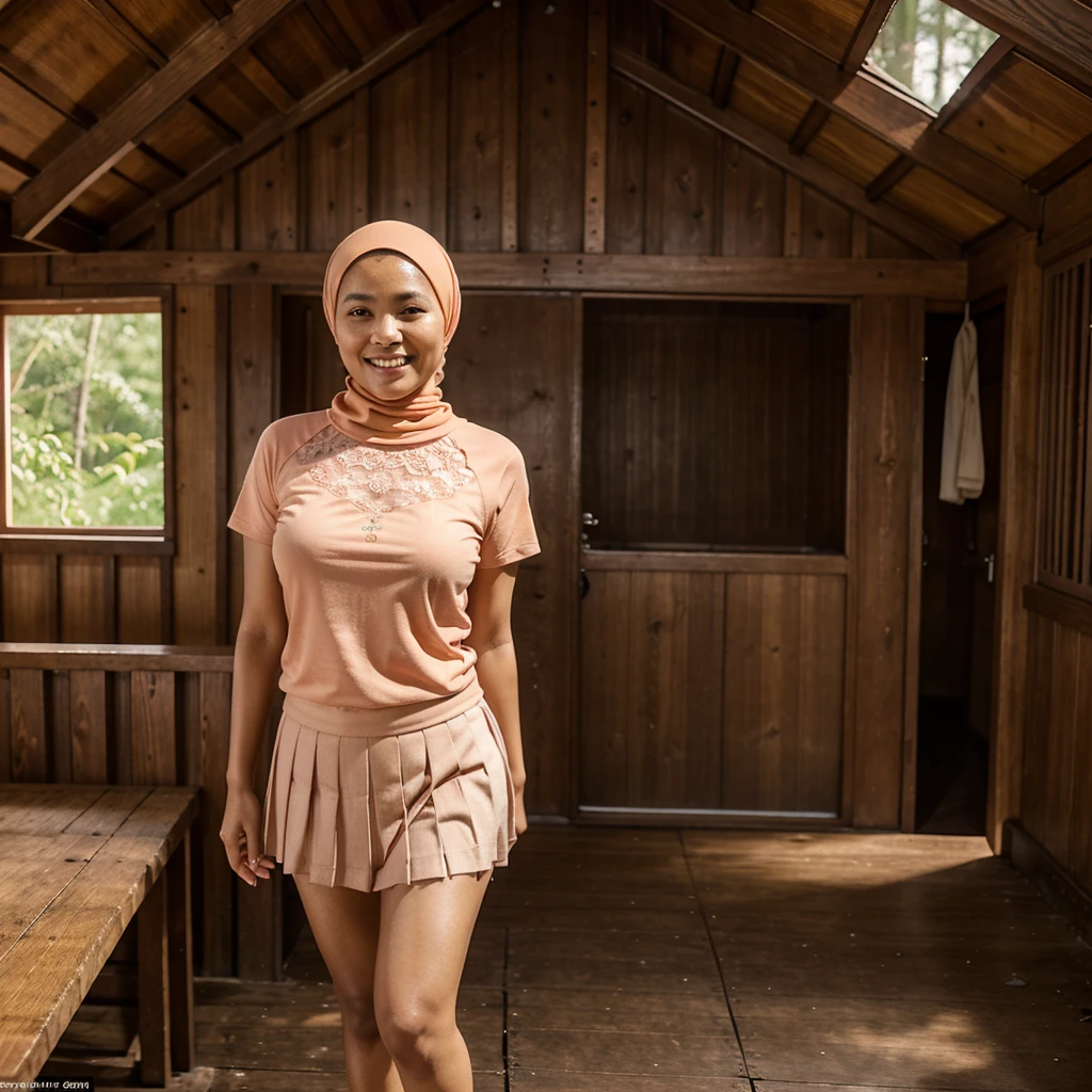 A 52 years old naked Malay woman in peach color hijab, standing and smiling by the old wooden cabin in a dark forest, facing away from the camera, back view, darker skin, curvier body, short body, standing with legs spread