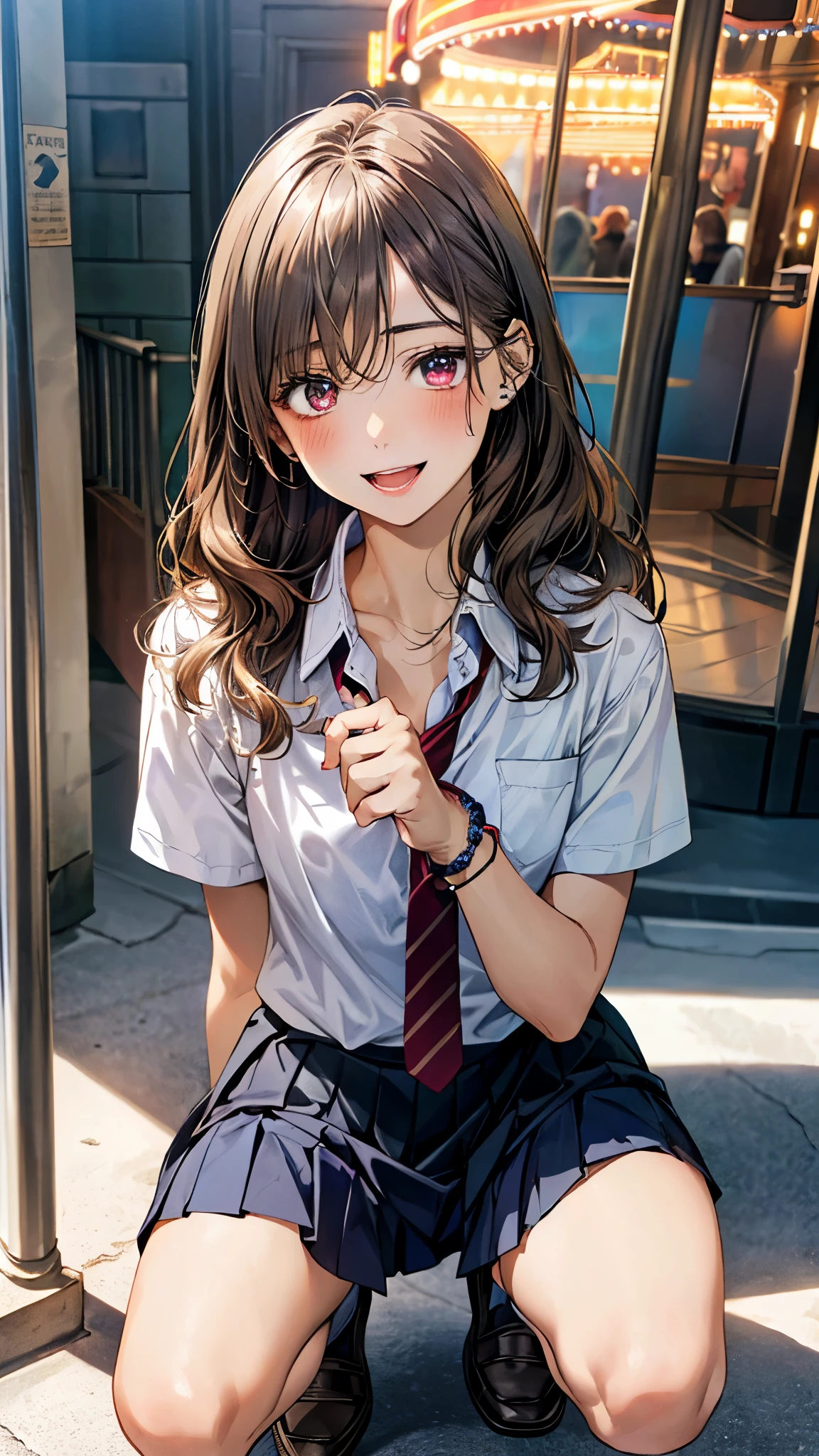 (masterpiece:1.2, top-quality), (realistic, photorealistic:1.4), beautiful illustration, (natural side lighting, movie lighting), 
looking at viewer, full body, front view:0.6, 1 girl, japanese, high school girl, perfect face, cute and symmetrical face, , shiny skin, 
(middle hair:1.2, wavy hair:1.2, light brown hair), crossed bangs, maroon eyes, long eye lasher, (middle breasts), 
beautiful hair, beautiful face, beautiful detailed eyes, beautiful clavicle, beautiful body, beautiful chest, beautiful thigh, beautiful legs, beautiful fingers, 
((short sleeve white collared shirt, navy tie, gray pleated skirt), wrist chouchou), 
(beautiful scenery), amusement park, ferris wheel, (squatting, skirt hold), (lovely smile, upper eyes, open mouth small), 