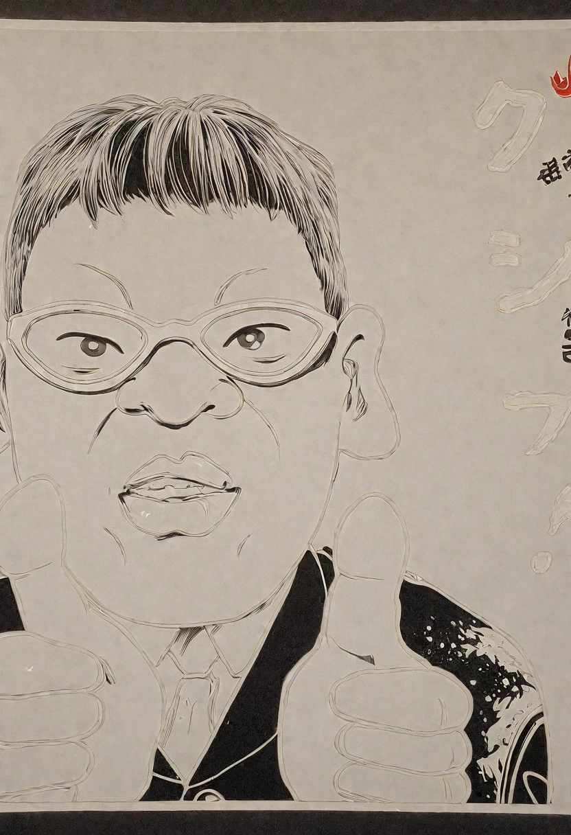 Close-up of a drawing of a man giving a thumbs up, fujita goro!, Otomo, Akira Toriyama style, by Naka Bokunen, katsuhiro - Otomo, by Oka Yasutomo, by Miyamoto, Akira Toriyama 📹, katsuhiro Otomo style, by Akira Toriyama, toriyama akira