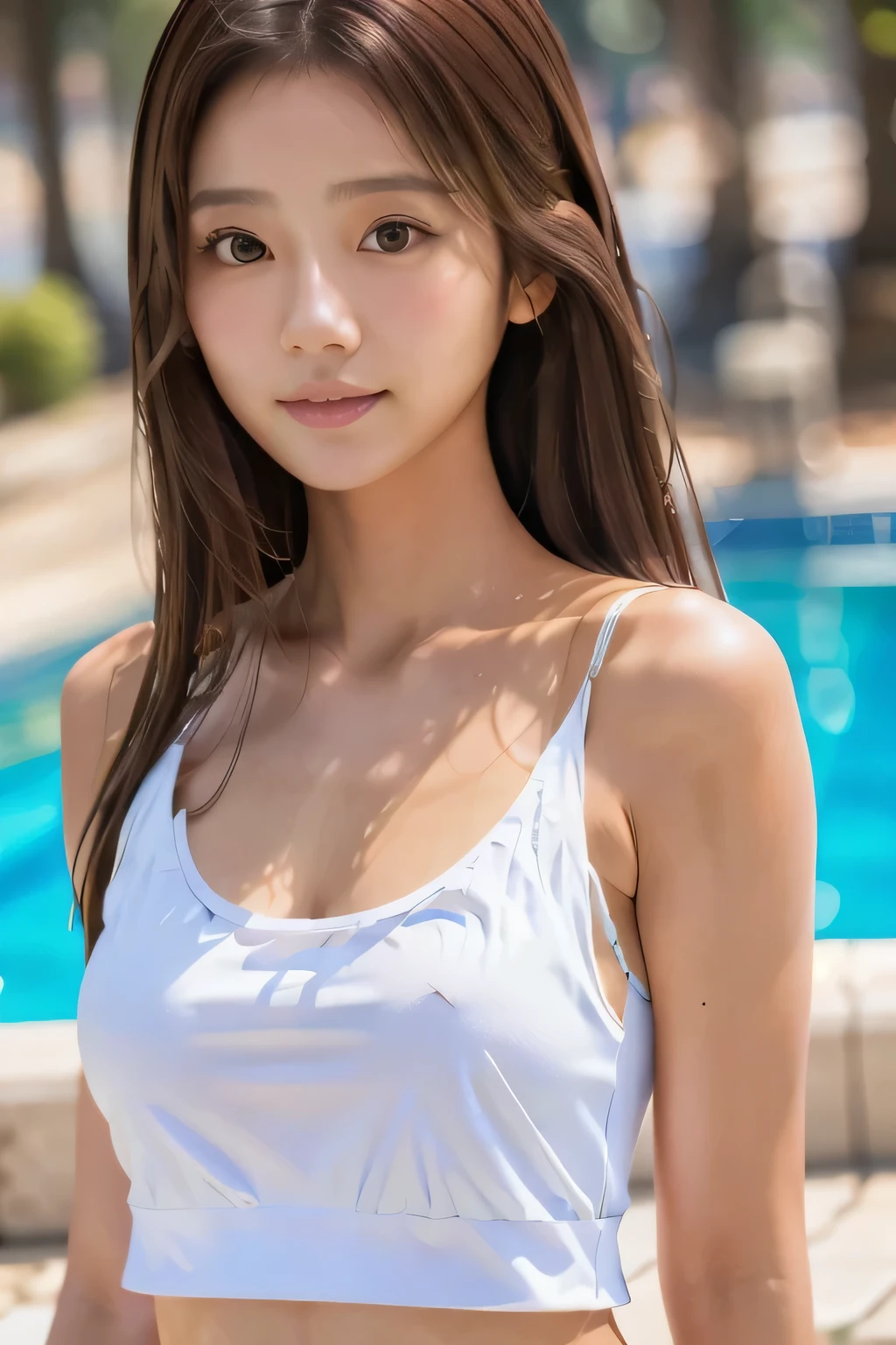 masterpiece, highest quality, Photoreal, Super detailed, finely, High resolution, 8k wallpaper, Professional, Advanced level of detail, Female college student standing by the pool and posing, slender Japanese woman, ((facing the front)), detailed clavicle, Medium chest、perfect face, medium long hair, chestnut hair、(white tank top:1.5)、gentle smile、full body shot、(tanned wheat-colored skin:1.5)