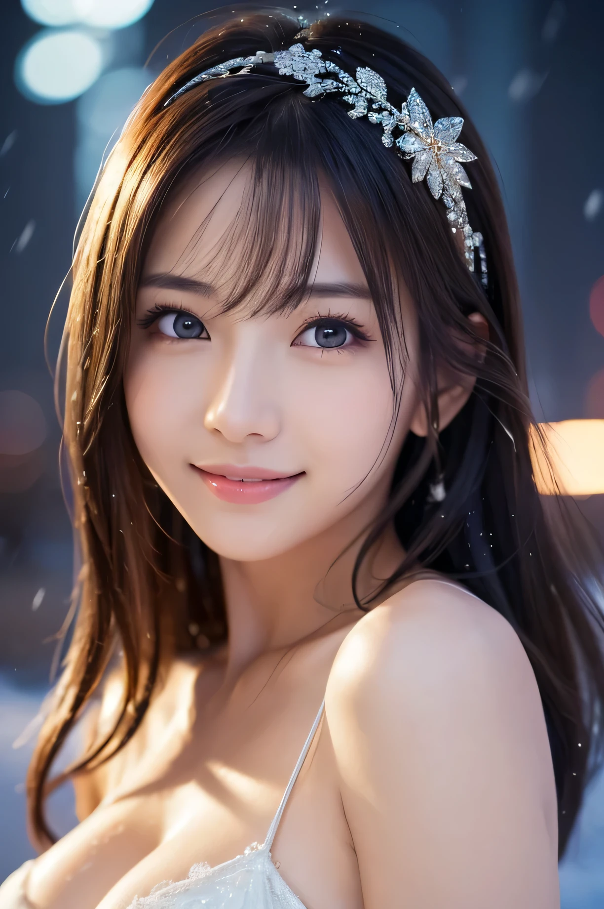 1 girl,(Gigantic-breasts:1.2), Beautiful Japan actress,(RAW photo, highest quality), (realistic, Photoreal:1.4), masterpiece, very delicate and beautiful, very detailed, smile,open-mouth,wonderful, finely, very detailed CG Unity , Super detailed, High resolution, soft light, beautiful detailed girl, very detailed目と顔, beautifully detailed nose, beautiful and detailed eyes, cinematic lighting, break(Against the backdrop of a snowy night cityscape 1.3), city lights, perfect anatomy, slender body, smile, Face the front completely, look at the camera