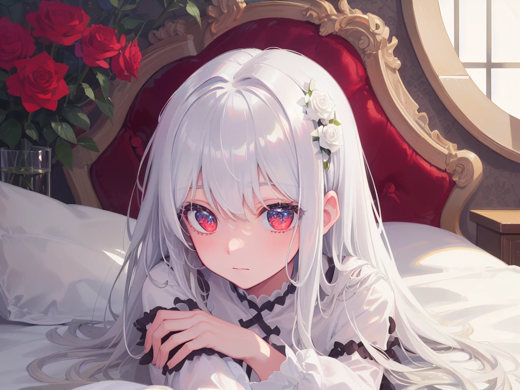 ((masterpiece, best quality))++, Detail lights+, detail hair+, Detail hand+ ,1 girl, Honey, long gray hair, dark red eyes, beautiful eyes, Young gray hair,,(beautiful white hair:1.5),(beautiful eyes), high resolution+, black stockings , a white pajamas, Glass tones, Reflective eyeanyery detail wallpaper, The original, ,Headband ,Nature,White rose