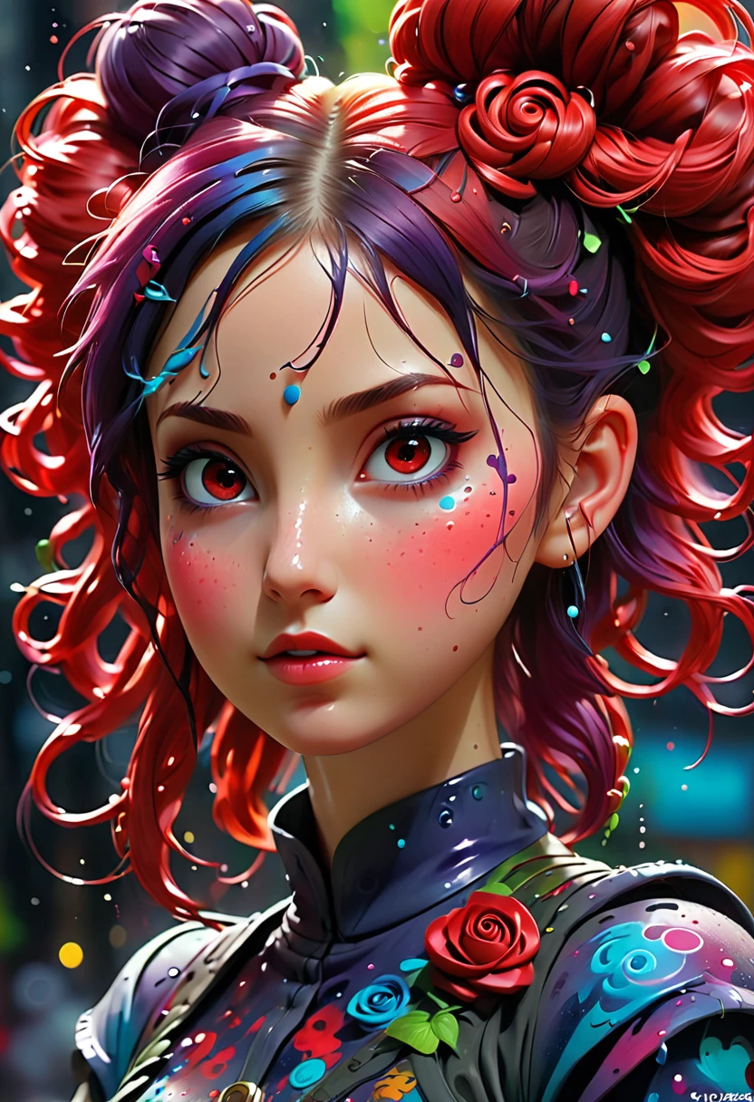 Insanely detailed portrait (beautiful red long twi twin buns hair fairy), ultra detailed , digital painting, digital illustration,art, 8k, ultra hd, earth art, photorealistic, unreal engine, cgsociety, cryengine, long shot" graffiti art, splash art, street art, spray paint, oil gouache melting, acrylic, high contrast, colorful polychromatic, ultra detailed, ultra quality, CGSociety"
