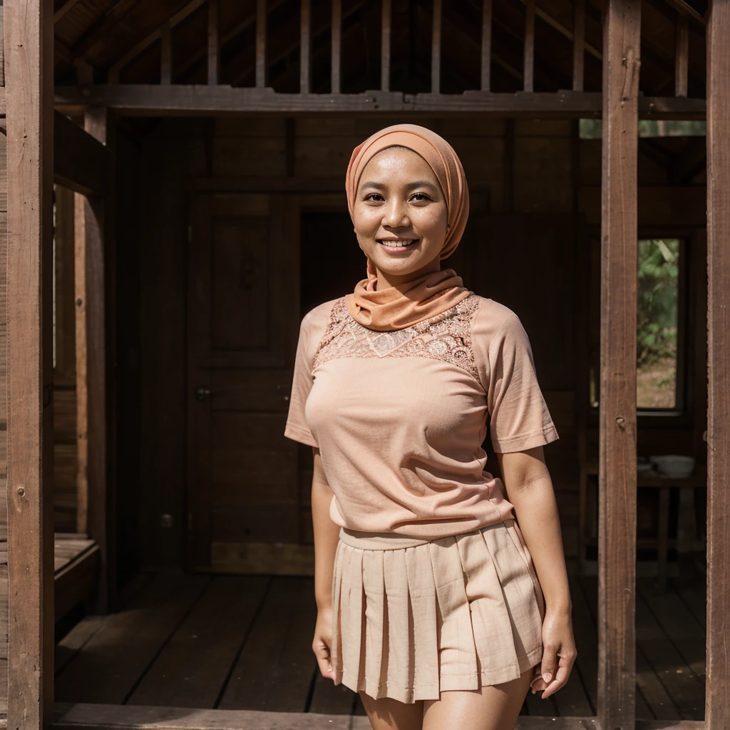 A 52 years old Indonesian woman in peach color hijab, wearing peach color lace tight t-shirt, wearing very short peach color lace pleated skirt, darker skin, curvier body, short body, smiling and standing in the old wooden cabin in a forest, look to the viewer with eye close