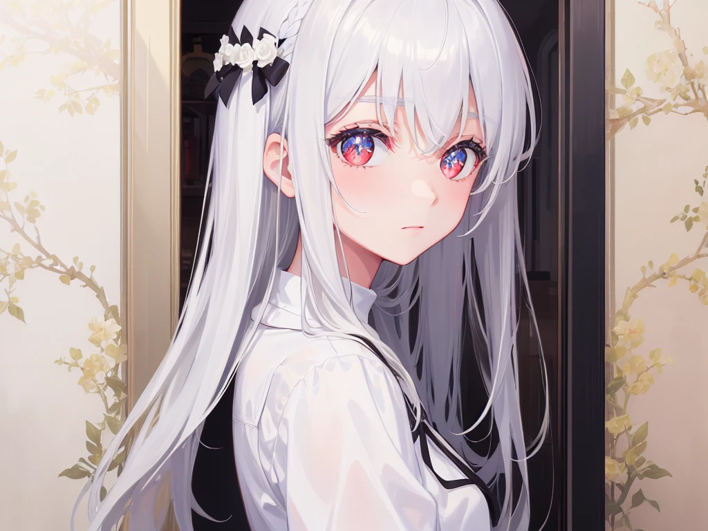 ((masterpiece, best quality))++, Detail lights+,  detail hair+, Detail hand+ ,1 girl, Honey, long gray hair,   dark red eyes,  beautiful eyes, Young gray hair,,(beautiful white hair:1.5),(beautiful eyes),    high resolution+,   black stockings  ， a white pajamas, Glass tones, Reflective eyeanyery detail wallpaper, The original, ,Headband ，Nature，White rose