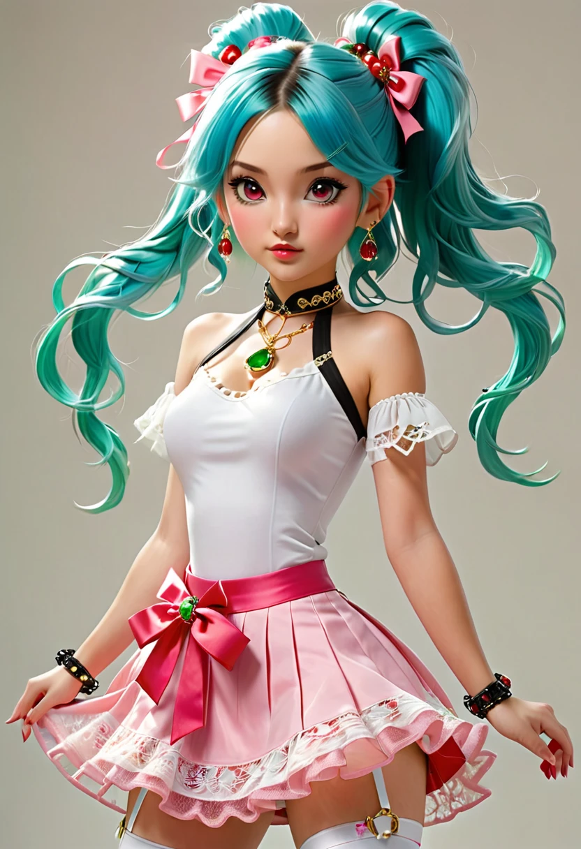 "A beautiful girl blue colored twin ponytails on each side of head, ribbons around her legs and a green chocker around her neck with a gold pendant with red gems, wearing white halter top with pink skirt with black straps with pouch white bubble skirt, a pink detached lace sleeves with strap woven around her hands, has a glass pendants woven around her elbows, white short stocking inside black short heeled stilettos"


