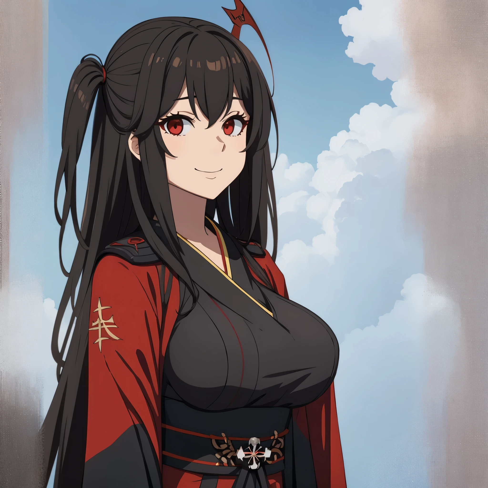 a woman with red black kimono, iron cross on kimono, black fur cape, long black hair with red threads in her hair, red bangs, big breasts, red eyes, scary smile, outside a Japanese house,very detailed, ultra resolution, masterpiece. 8k hd
