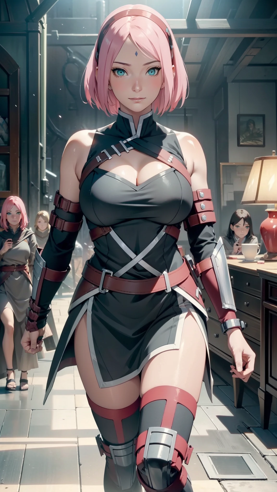 full body,wearing armor,warrior armor, ancient armor, sword, masterpiece, (high detail:1 1), Rough face, Natural skin, high quality, NSFW, Naruto Sakura，Pink hair, short detailed hair，Green eyes，（Big breasts:1.2 ），( smile:1.2），Face blush，（cleavage:1.4），Sexy figure, perfect bodies, beautiful eyes, (Detailed face and eyes), (face: 1 2), voices, Extra, real photo, ... ... ........... PSD, Lamp film photography, sharp focus, contrast lighting, Delicate skin, High definition 8K, incredible details, realistic, professional photo shooting, 8K UHD, SLR camera, soft lighting , high high quality, film grain, Fujifilm XT3, magic, particle FX