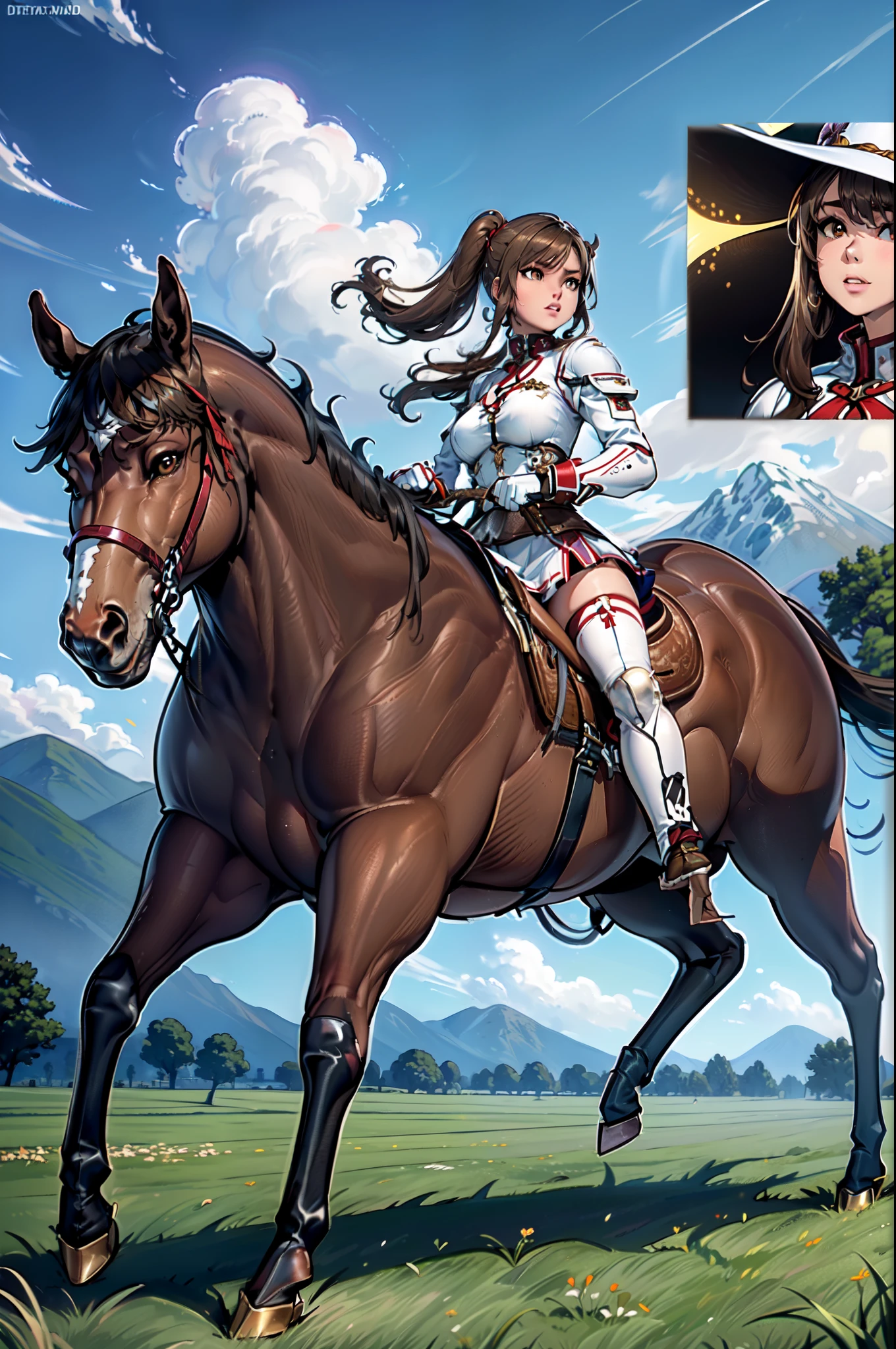 4k, 8k, hdr, wallpaper, ((best quality)), ((masterpiece)), (detailed), perfect face, anime style, side ponytail, {brown hair}, both hands holding tightly, reins, (female knight, brown eyes, white armor, brown miniskirt, brown gauntlet, brown boots, (brown horse, horseback riding, saddle, stirups, reins: 1.25), ((running)), blue sky, mountains, grass field, open field, gust of wind, anatomically correct
