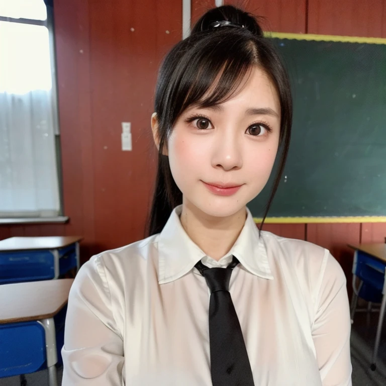 (kawaii 24 year-old Japanese girl, Nogizaka idol, Korean idol), (glossy black hair, high ponytail, center ponytail, single ponytail:1.3), (rounded face, single eyelid, no makeup, soft smiling:1.2), forehead, (wearing collared shirt, necktie:1.3), (well shaped extra small breasts), (looking at viewer:1.2), BREAK, (classroom background, standing by the window:1.3), (dynamic angle, face focus:1.3), BREAK, (masterpiece, best quality, photo realistic, official art:1.4), (UHD, 8K quality wallpaper, high resolution, raw photo, film grain:1.2), (shiny skin), professional lighting, physically based rendering, award winning, (perfect anatomy, highly detailed skin textures, extremely detailed face and eyes, well drawn glittering pupils), Carl Zeiss 85 mm F/1.4, depth of field, 1girl, solo,