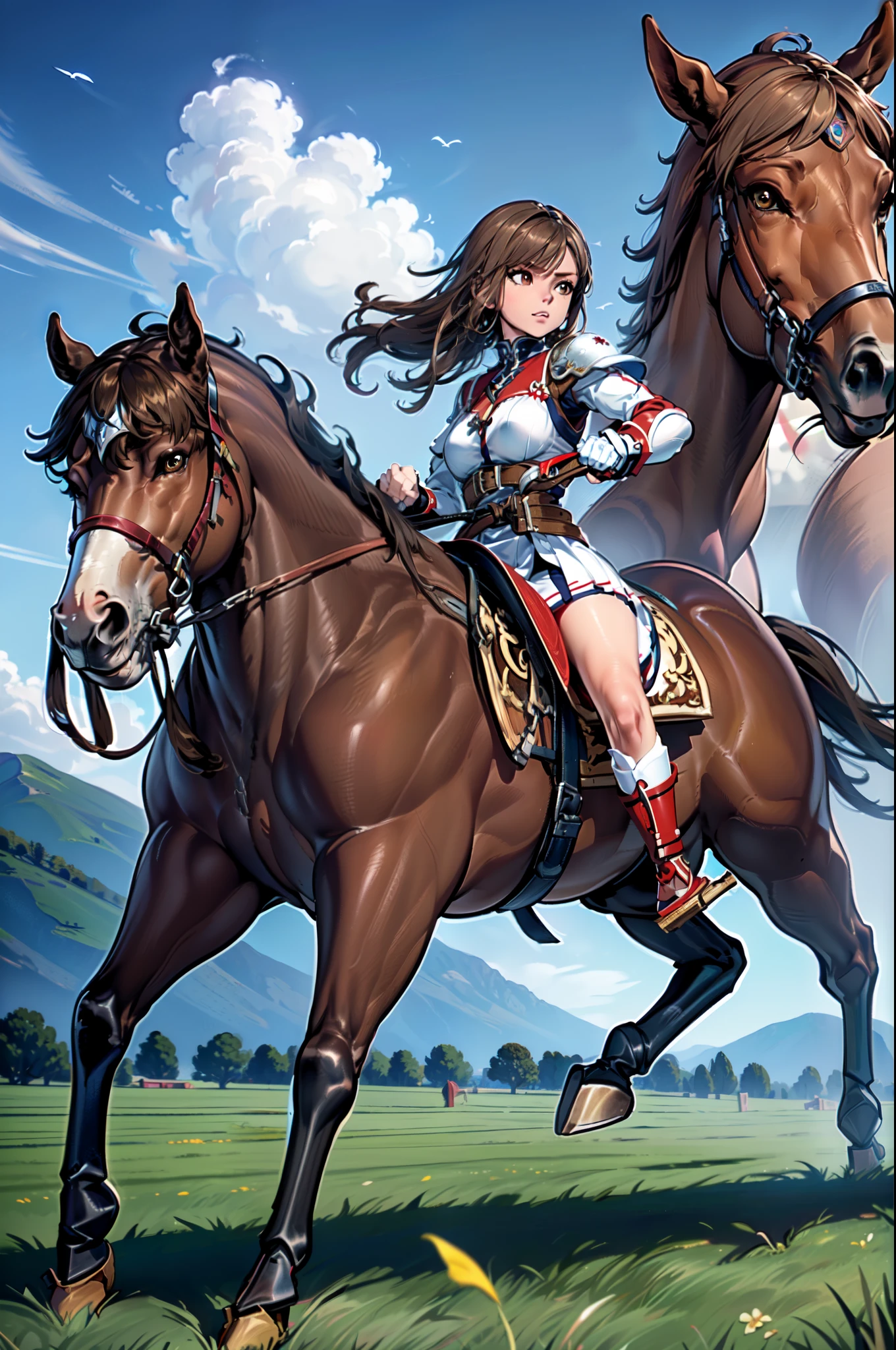 4k, 8k, hdr, wallpaper, ((best quality)), ((masterpiece)), (detailed), perfect face, anime style, side ponytail, {brown hair}, both hands holding tightly, reins, (female knight, brown eyes, white armor, brown miniskirt, brown gauntlet, brown boots, (brown horse, horseback riding, saddle, stirups, reins: 1.25), ((running)), blue sky, mountains, grass field, open field, gust of wind, anatomically correct
