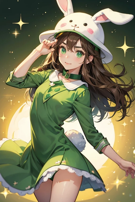 Becca has brown hair that is mostly covered under a bunny hat, similar to Fionna's hat, but with shorter ears. She is seen wearing a dark green dress with a light green collar. SPARKLE; GLITTER