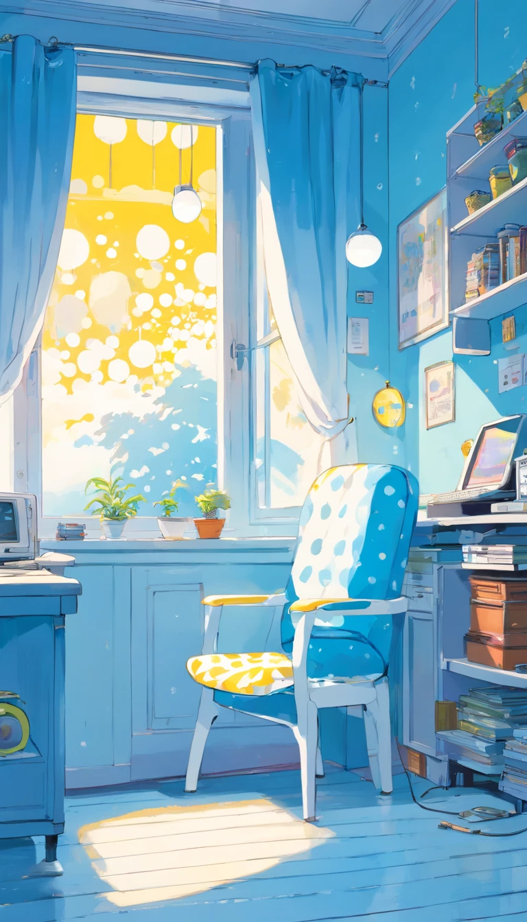 computer、light bulb、window、Chair、curtain、retro、80s 80s Neon Colors、pastel colour、(((Blue and white room)))、Polka dot pattern、lemon、80'sパターン、Round pattern、、Dot pattern、light blue and white