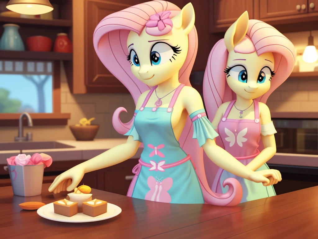 An anthropomorphic young fluttershy wearing an small apron, leaning on the table, standing, waiting in the kitchen, young、pony close to adult woman、Low poly rendering by senior environment artist, Polycount trends, furry art, adorable digital paintings, cute 3d rendering, from overwatch, Super detailed rendering, cute detailed digital art, Highly detailed soft lighting, yellow pony, Stylized as a 3D rendering, Cute pony anime visuals
