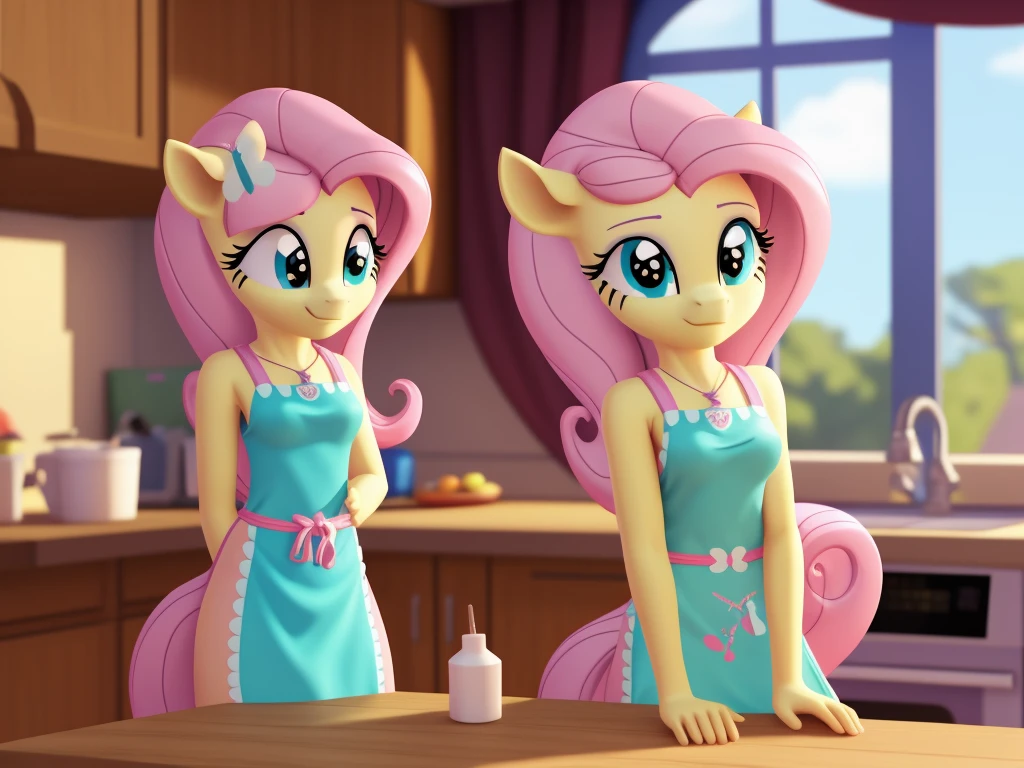 An anthropomorphic young fluttershy wearing an small apron, leaning on the table, standing, waiting in the kitchen, young、pony close to adult woman、Low poly rendering by senior environment artist, Polycount trends, furry art, adorable digital paintings, cute 3d rendering, from overwatch, Super detailed rendering, cute detailed digital art, Highly detailed soft lighting, yellow pony, Stylized as a 3D rendering, Cute pony anime visuals
