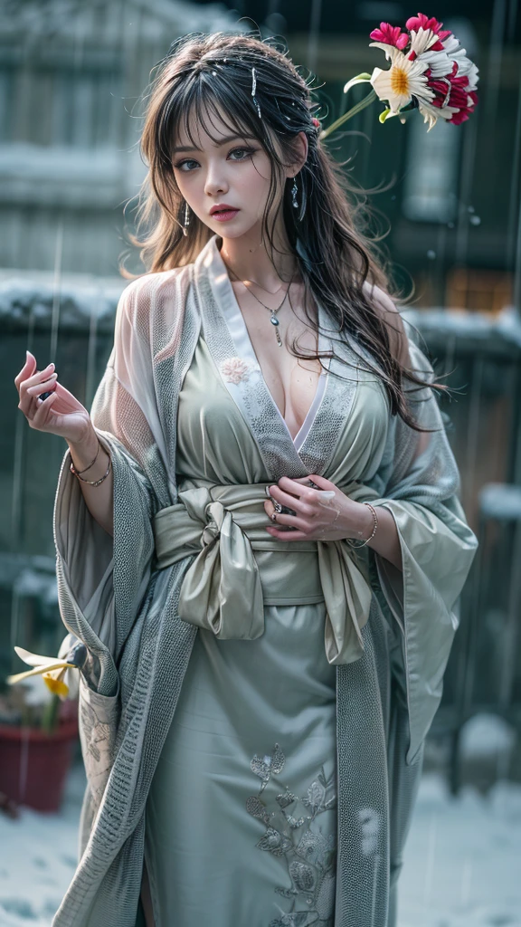 (Photoreal:1.5, 8K, highest quality, masterpiece, ultra high resolution), (((heavy snow, Blizzard))), Highly detailed skin and facial textures:1.3, perfect dynamic composition:1.2, (In front of a shrine at night in a modern city, expression of sadness:1.0, Tears are flowing:1.0, cry with a broken heart:1.0), Slim office lady wet in the rain:1.2, cowboy shot, Fair skin:1.2, sexy beauty:1.1, perfect style:1.2, beautiful and aesthetic:1.1, very beautiful face:1.2, water droplets on the skin, (rain drips all over my body:1.2, wet body:1.2, wet hair:1.3), (Professional kimono dressing:1.1, Bouquet of wet daffodils in hand:1.2, Wearing a wet silver kimono correctly:1.3), (Medium chest, Bra see-through, Chest gap), (Big eyes that exude beautiful eroticism:0.8, adult charm:0.8, Bewitching:0.8), necklace, earrings, bracelet, wedding ring, Highly detailed and accurate hand and finger representation