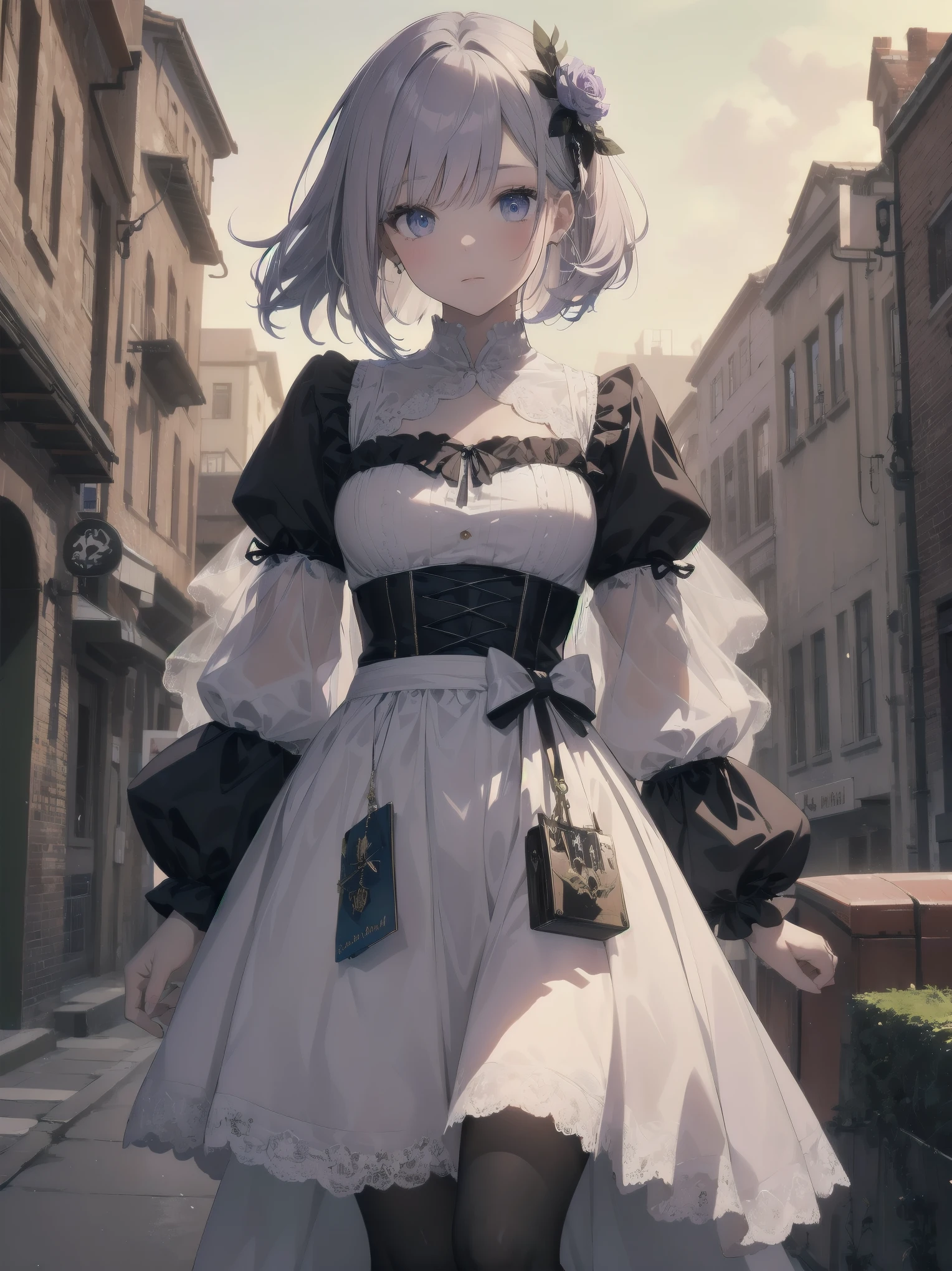  bride: wedding ring shining on ring finger Fusion of medieval European fashion Emphasis on elements of cuteness and adoration Posed illustration of the overwhelming cuteness of the character in the foreground Overwhelming architectural and cityscape background Ultra-detailed, rich, contemporary interpretation of medieval Europe and fantasy world Realistic textures, Professional artistic shading and light sources, scene-like cinematography and effects, depth of subject One beautiful girl, super cute, bob cut, side ponytail, perfect anatomy 
Colours: pastel, white, pale purple, blue, gingham check 
Materials: chiffon, lace, satin, velvet, etc. Silhouette: fluffy skirt, A-line, long length 
Decoration: frills, ribbons, lace, pearls, embroidery etc. Coordinates Romantic princess: pastel dress, lace blouse, fluffy skirt, ribbon hair accessory, black tights Add accessories and accessories to personalise.
