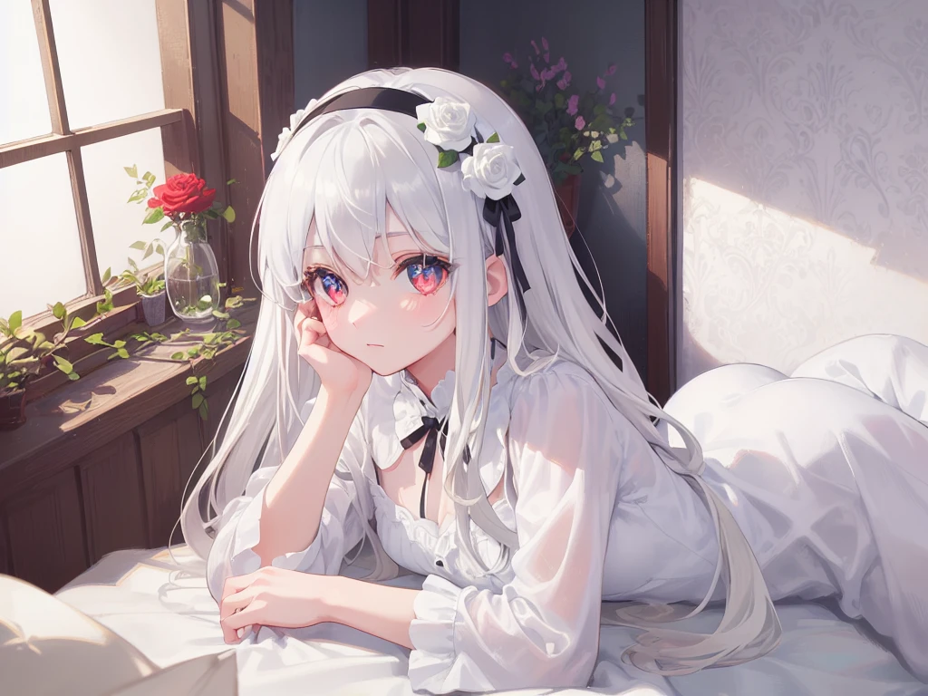 ((masterpiece, best quality))++, Detail lights+, detail hair+, Detail hand+ ,1 girl, Honey, long gray hair, dark red eyes, beautiful eyes, Young gray hair,,(beautiful white hair:1.5),(beautiful eyes), high resolution+, black stockings , a white pajamas, Glass tones, Reflective eyeanyery detail wallpaper, The original, ,Headband ,Nature,White rose