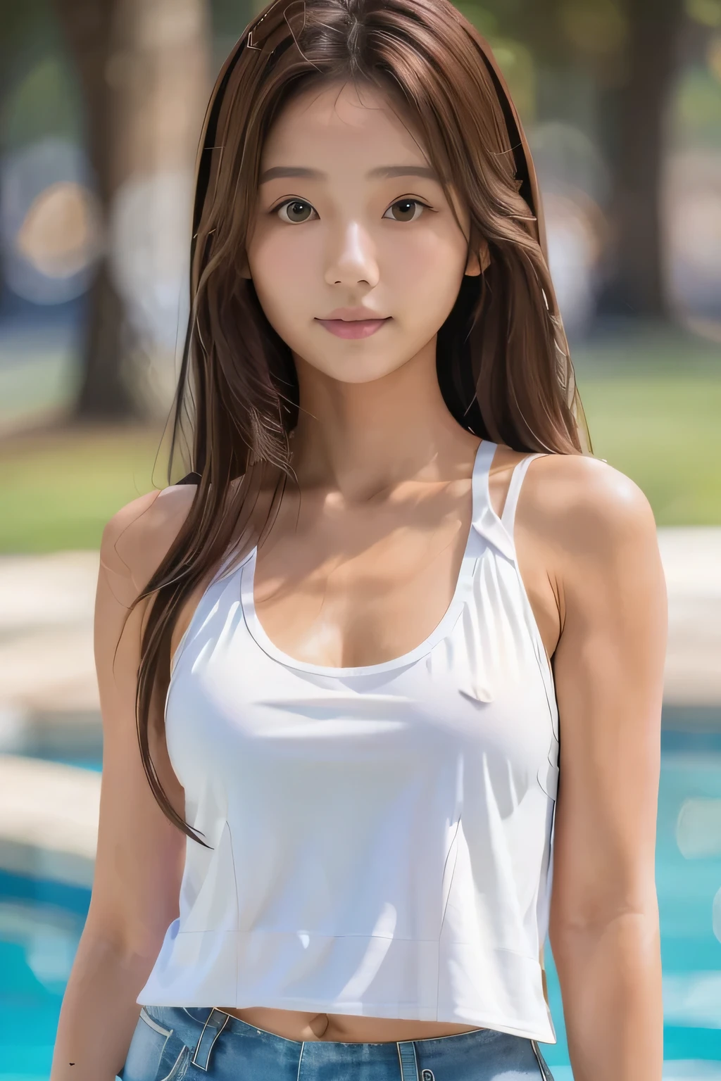 masterpiece, highest quality, Photoreal, Super detailed, finely, High resolution, 8k wallpaper, Professional, Advanced level of detail, Female college student standing by the pool and posing, slender Japanese woman, ((facing the front)), detailed clavicle, Medium chest、perfect face, medium long hair, chestnut hair、(white tank top:1.5)、gentle smile、full body shot、(tanned brown skin:1.5)