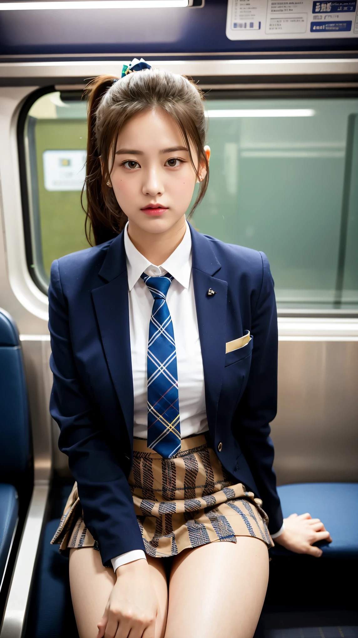 (8K), (highest quality: 1.2), (realistic), (realistic: 1.37), ultra high resolution, 1 girl, cute, serious face, closed mouth, beautiful details, beautiful nose, beautiful hair, ponytail,giant dulcefo, pork, thighs,self snap,University Student Uniform,Sitting on a train in Tokyo,simple blazer,pleated skirt,(The pattern of the skirt and tie is a tartan check pattern...:1.3),cross your legs, From above,(濡れたthighs),Opaque blue knee-high tights,