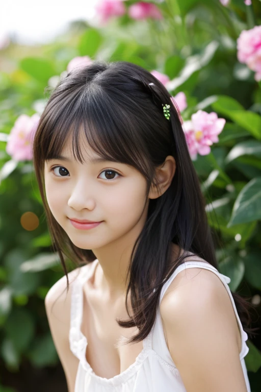 highest quality, High resolution, realistic pictures, detailed skin texture, ((e 12 panese girl wearing a white camisole)), view audience, slim body shape, charming gaze, Fair skin, baby face, (fl1.2), long straight hair, flower hair ornament, (loli:1.2)
