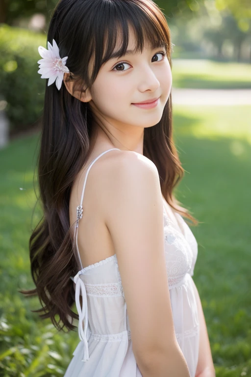 highest quality, High resolution, realistic pictures, detailed skin texture, ((e 12 panese girl wearing a white camisole)), view audience, slim body shape, charming gaze, Fair skin, baby face, (fl1.2), long straight hair, flower hair ornament, (loli:1.2)