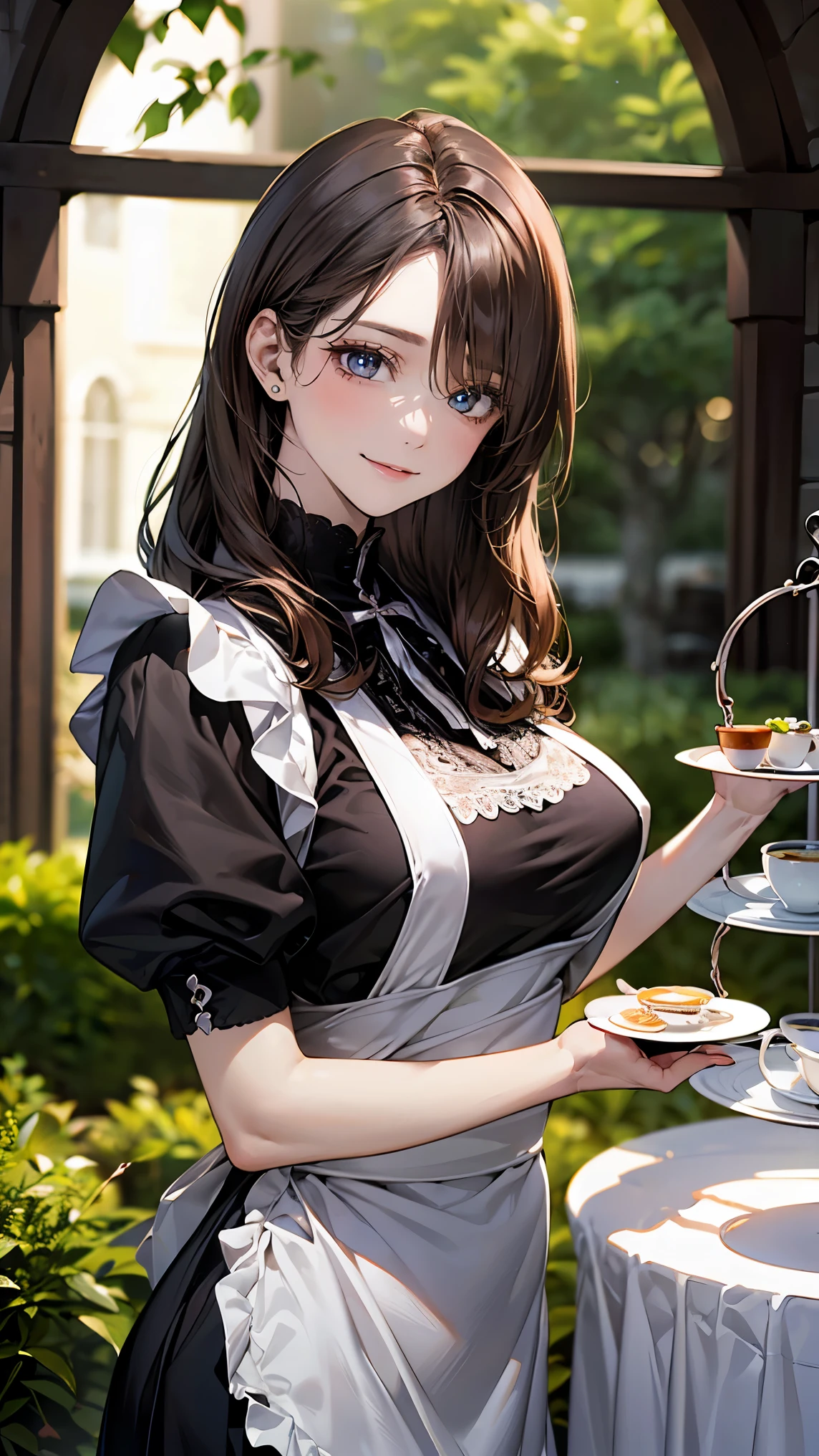 (masterpiece:1.2, highest quality), (realistic, photorealistic:1.4), beautiful illustrations, (natural side lighting, movie lighting),
looking at the viewer, Upper body, (Front view), 1 girl, perfect face, Cute symmetrical face, shiny skin, baby face, long eyelashes, (Extremely large breasts), (wide hips),short cut hair,
beautiful hair, beautiful face, fine and beautiful eyes, beautiful body, beautiful breasts, beautiful thighs, beautiful feet, beautiful fingers,
(beautiful scenery),(cute smile:1.3, upper grade), 24-year-old,pale skin,Bokeh, textile shading, thin outline), Beautuful Matured woman preparing tea-party in the garden, (tea set, tea pot, tea cups, some cakes on dish), Gothic table, wearing traditional dark-brown maid uniform, maid costume:1.2, long flare skirts, apron, Tall and long legs, long white hair, wearing rimless grasses, (milf:1.5), (narrow waist), (long white hair, hair over one eye, updo, side lock, asymmetric hair, wavy hair), (bright pupils, detailed eyes, high detailed face, Perfect face shape, eye rush), (seductitve smiling, half-closing eyes), (looking at viewers:1.3), (dynamic angle, tighs focus, from side below:1.2), ((correct anatomy:1.5, correct hands)), (ideal ratio of body proportions), outdoor, glass garden,