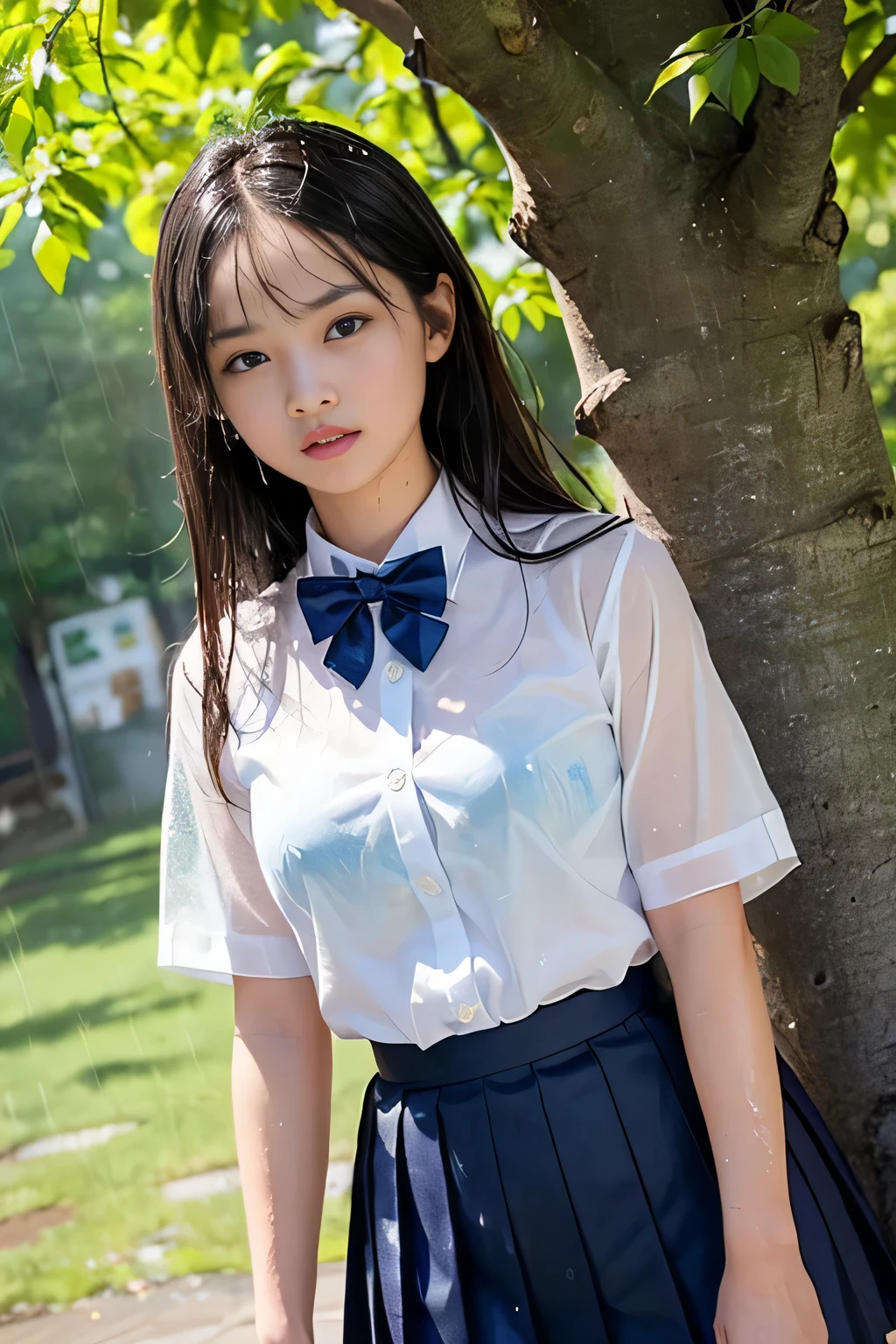 Very detailed CG Unity 8k wallpaper、Highest quality、Very detailed、masterpiece、reality、reality、((Park where it is raining:1.4))、Very detailedなかわいい女の子、16 years old、(Japan people in uniform)、((Photographed from the front:1.4))、((Shooting from a little below:1.4))、((Sitting on a park bench:1.4))、blush、Cleft lip、Looking at the audience、Semi Body Shot、(National High School Designated Shoes)、((Navy blue short pleated skirt:1.5))、((White short sleeve dress shirt for students:1.4))、((Navy blue panties:1.4))、((Dark blue bow tie:1.4))、(Long Hair Girl:1.7)、(Beautiful Face:1.3)、(perfect balance:1.2)、(Looking down and crying 1.2)、(Small breasts:1.3)、((Blouse wet in the rain:1.2))、(Bra is sheer)、(((Rain-soaked hair 1.2)))、((Upper Body))、reality、((School bag:1.4))、