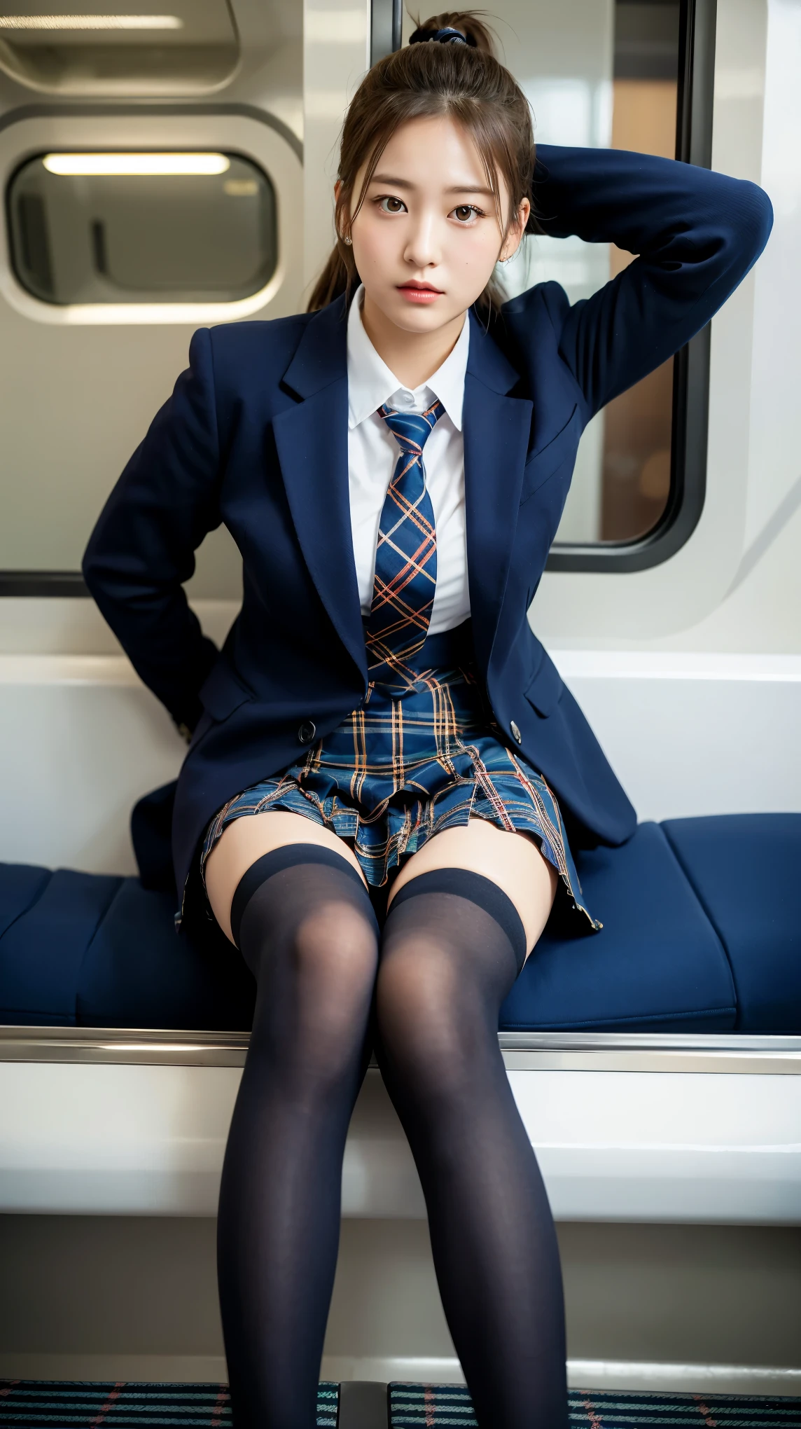 (8K), (highest quality: 1.2), (realistic), (realistic: 1.37), ultra high resolution, 1 girl, cute, serious face, closed mouth, beautiful details, beautiful nose, beautiful hair, ponytail,giant dulcefo, pork, thighs,self snap,University Student Uniform,Sitting on a train in Tokyo,simple blazer,pleated skirt,(The pattern of the skirt and tie is a tartan check pattern...:1.3),cross your legs, From above,(光沢のあるthighs),(Opaque blue knee-high tights)