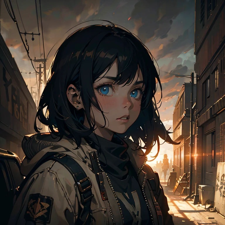 portrait ung woman ,science fiction, complex background punk, mad max , futuristic, post-apocalyptic, dark, dim light, ((masterpiece, best quality, )),