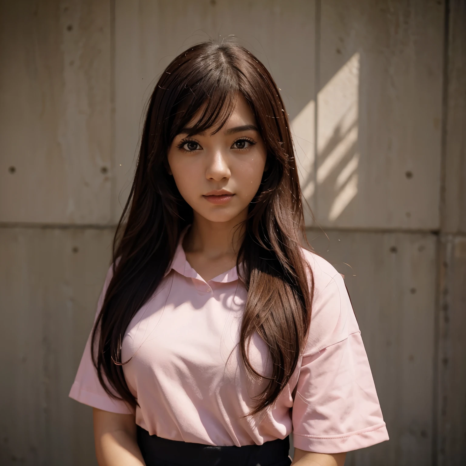 Garota de cabelo curto rosa com preto, uniforme colegial japones, arte de anime