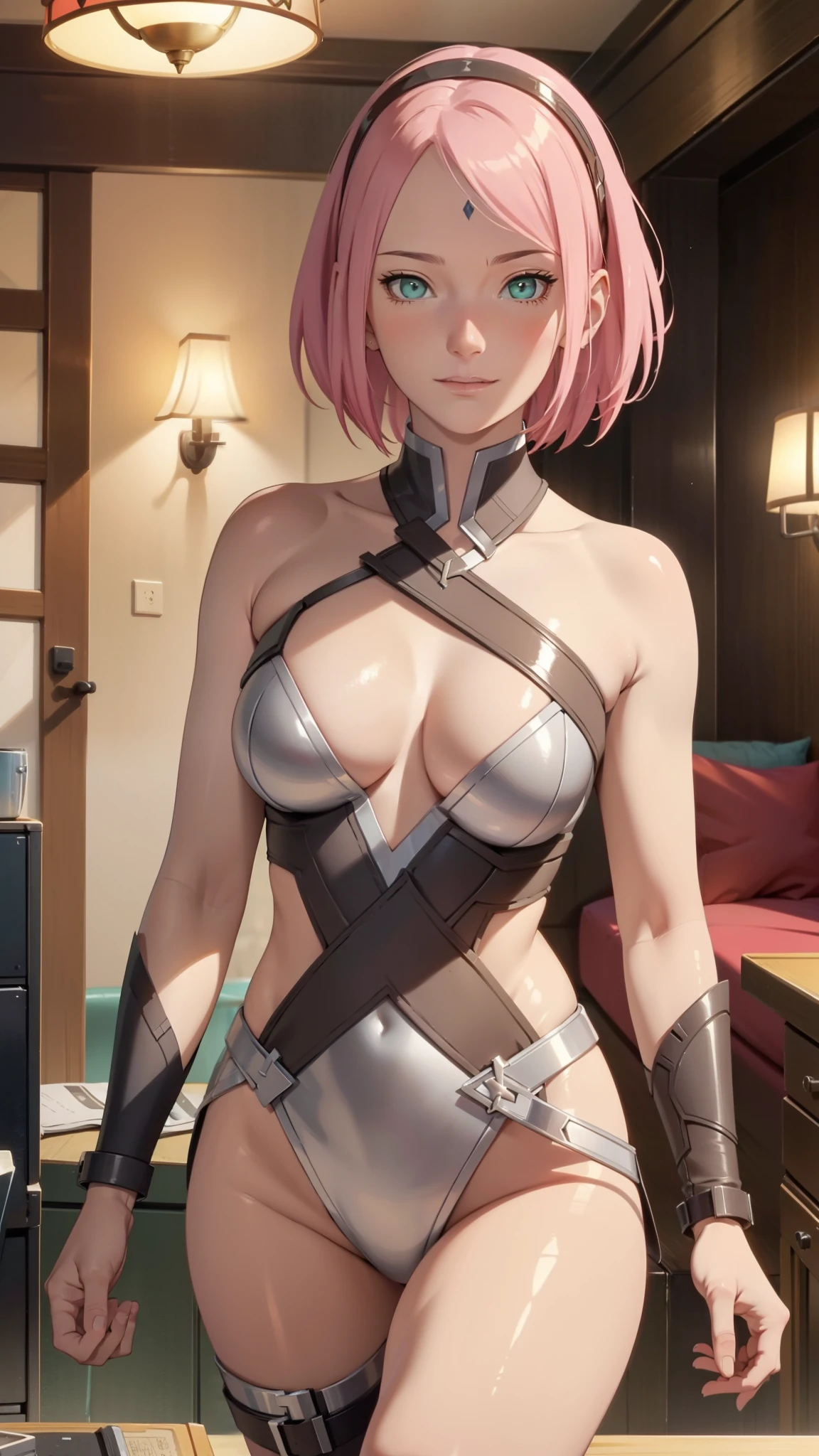 full body,wearing armor,warrior armor, ancient armor, sword, masterpiece, (high detail:1 1), Rough face, Natural skin, high quality, NSFW, Naruto Sakura,Pink hair, short detailed hair,Green eyes,(Big breasts:1.2 ),( smile:1.2),Face blush,(cleavage:1.4),Sexy figure, perfect bodies, beautiful eyes, (Detailed face and eyes), (face: 1 2), voices, Extra, real photo, ... ... ........... PSD, Lamp film photography, sharp focus, contrast lighting, Delicate skin, High definition 8K, incredible details, realistic, professional photo shooting, 8K UHD, SLR camera, soft lighting , high high quality, film grain, Fujifilm XT3, magic, particle FX